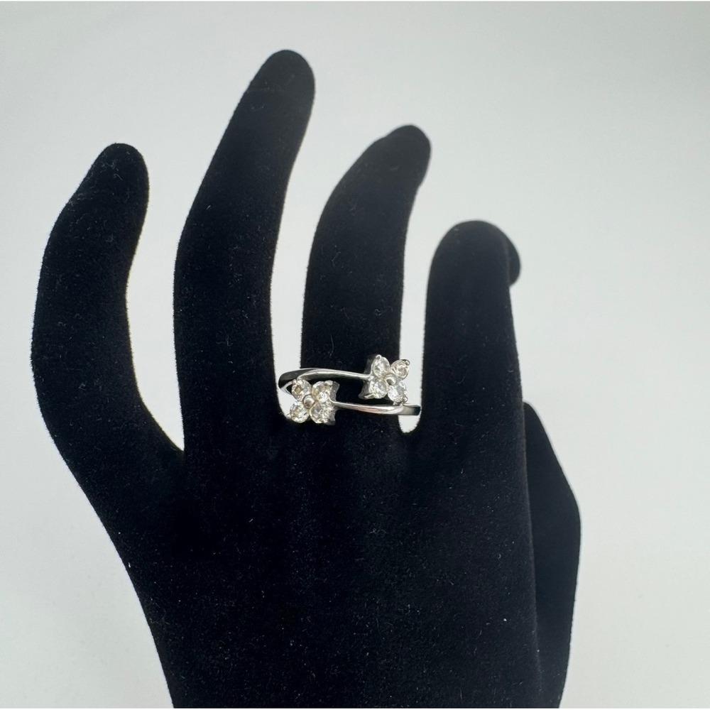 Elegant Sterling Silver Safety Pin Bypass Ring – Crystal Flower Accent